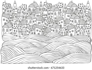 Sea Waves and houses. Seaside, homes, boat, sea, art background.  Hand-drawn doodle vector. Zen tangle style. Black and white pattern for adult coloring book. 