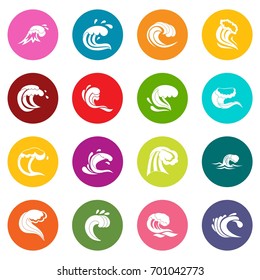 Sea waves icons many colors set isolated on white for digital marketing