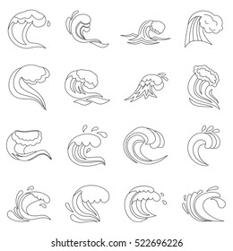 Sea waves icons set. Outline illustration of 16 sea waves vector icons for web