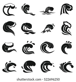 Sea waves icons set. Simple illustration of 16 sea waves vector icons for web