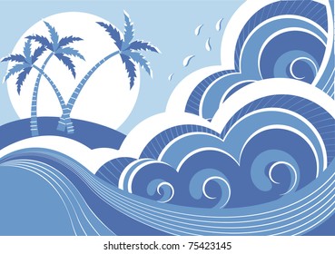 sea waves and island. Vector graphic illustration of water seascape