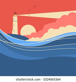 Sea waves with lighthouse.Vector nature poster of seascape for text