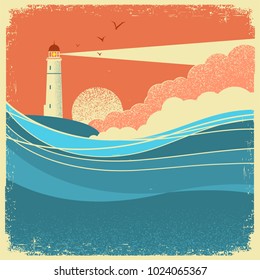 Sea waves with lighthouse.Vintage nature poster of seascape on paper background for text