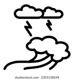 Olas marinas, icono de línea de rayos y nubes, concepto náutico, signo de tormenta oceánica sobre fondo blanco, gran ola de ruptura oceánica e icono de nubes relámpago en forma de contorno. Gráficos vectoriales