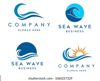 sea waves logo set, sun waves logo set, whale waves logo vector