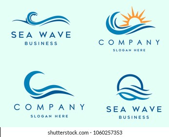sea waves logo set, sun waves logo set, whale waves logo vector