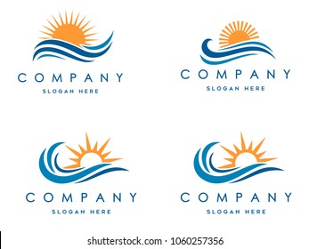 sea waves logo set, sun waves logo set, whale waves logo vector