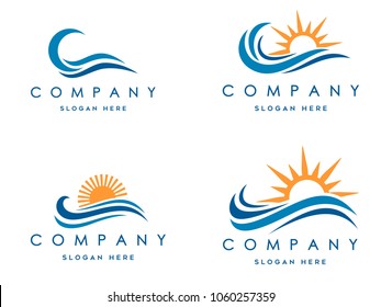 sea waves logo set, sun waves logo set, whale waves logo vector