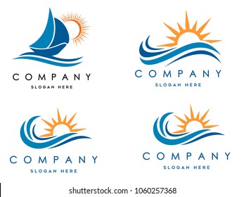 sea waves logo set, sun waves logo set, whale waves logo vector