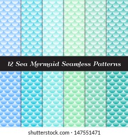 Sea Waves, Mermaid Scales, Fish Scales, Scallops Seamless Patterns in Marine Green, Turquoise, Aqua and Ocean Blue. Pattern Swatches made with Global Colors - easy to change all patterns in one click.