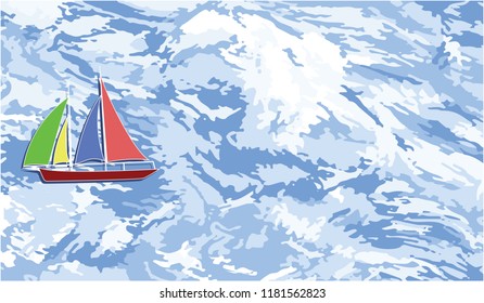 Sea waves, multi-colored sails on a yacht - flat style - art illustration - vector