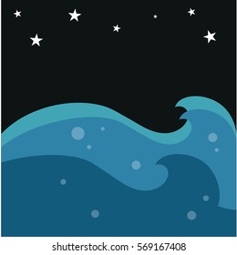 Sea waves night stars