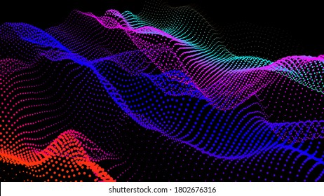 Olas marinas desde el nodo. Fluyen los puntos de datos huecos. Los puntos de investigación fluyen. Grandes datos visualizados para la presentación de desarrollos científicos. hilos 3D de nodos en ondas. Mar suavizado de colinas y huecos.