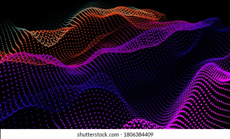 Sea waves from node. Hud data dots flow. Research points stream. Big data visualized for the presentation of scientific developments. 3D threads of nodes in waves. A smoothed sea of hills and hollows.
