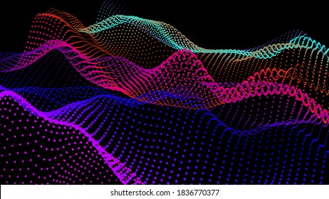 Sea waves from node. Hud data dots flow. Research points stream. Big data visualized for the presentation of scientific developments. 3D threads of nodes in waves. A smoothed sea of hills and hollows.