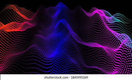 Sea waves from node. Hud data dots flow. Research points stream. Big data visualized for the presentation of scientific developments. 3D threads of nodes in waves. A smoothed sea of hills and hollows.