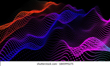 Sea waves from node. Hud data dots flow. Research points stream. Big data visualized for the presentation of scientific developments. 3D threads of nodes in waves. A smoothed sea of hills and hollows.