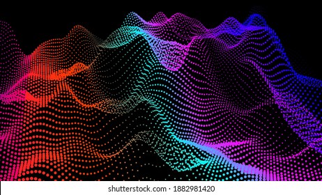 Sea waves from node. Hud data dots flow. Research points stream. Big data visualized for the presentation of scientific developments. 3D threads of nodes in waves. A smoothed sea of hills and hollows.