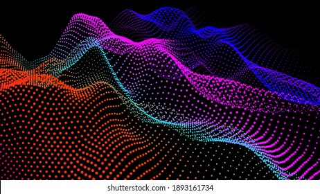 Sea waves from node. Hud data dots flow. Research points stream. Big data visualized for the presentation of scientific developments. 3D threads of nodes in waves. A smoothed sea of hills and hollows.