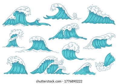 Sea waves. Ocean hand drawn water wave, vintage storm tsunami waves, raging marine water shaft isolated vector illustration icons set. Water ocean storm, splash wave collection