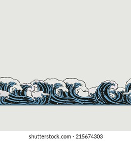 Sea waves. Old traditional japanese art. Vintage style. Ocean during a storm. Background with a pattern of water.