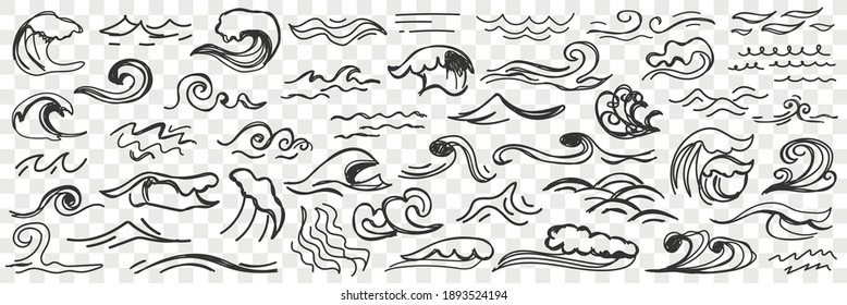 Sea waves on water surface doodle set