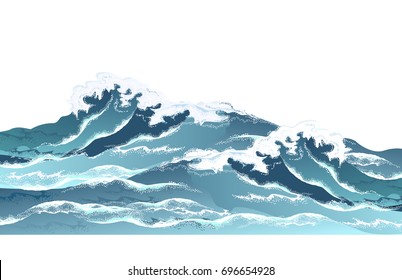 Sea waves in oriental vintage ukiyo-e style. Hand drawn realistic vector illustration on white background