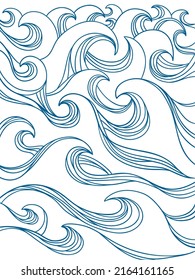 Sea waves outline graphic illustration background for print or design. Seascape vector abstract blue waves isolated on white