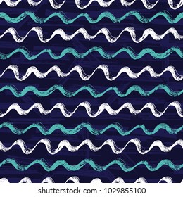 Sea Waves Paint Brush Strokes Vector Seamless pattern. Hand drawn Grunge Wavy lines Background