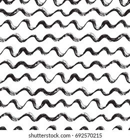 Sea Waves Paint Brush Strokes Vector Seamless pattern. Hand drawn Grunge Waves Background. Black and White