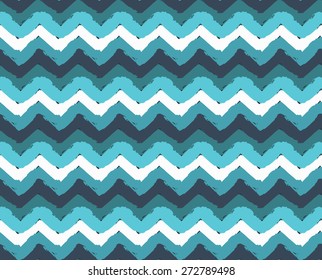Sea waves painted zigzag seamless pattern. Blue and white brush strokes. Abstract background, fresh summer design.