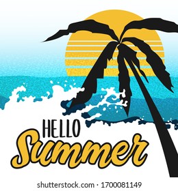 Olas de mar con palmeras, sol y fondo de salpicaduras. Leer Adiós verano para afiches náuticos, banner marino, volante de viaje, tarjeta. Ilustración vectorial