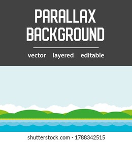 Sea waves parallax background with land and clouds. Vector seamless cartoon sea landscape. Layered and editable design for game interface.