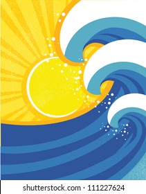 Sea waves poster. Vector illustration of sea landscape.