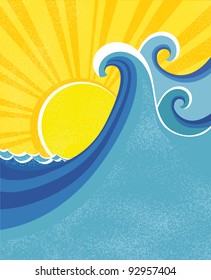 Sea waves poster. Vector illustration of sea landscape.
