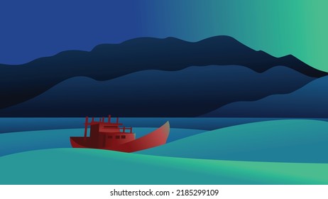 Sea waves with red boat background in flat design for printing home decoration or other