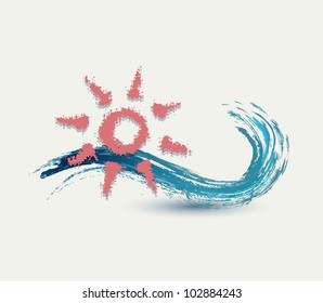 sea waves and rising sun vector illustration