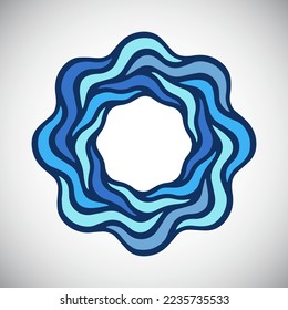 Meereswellen runder Rahmen, Wassertext-Hintergrund, Dekoration. Zirkelform aquatische, mariner Grenzvorlage. Bleihaltiges Glasimitat radiales Muster. Handgezeichnet doodle gewölbte, schimmernde Linien, Wellen. 