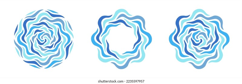 Sea waves round radial backgrounds set, collection. Water decorations. Circle shape aquatic mandala, radial pattern, maritime text frame template. Hand drawn doodle wavy, undulating lines, stripes.