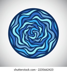 Meereswellen runden die Radialzusammensetzung, die Wasserverzierung ab. Circle form aquatic mandala, Buntglasmuster, maritime Rahmen Vorlage. handgezeichnet doodle, gewölbte Linien, Wellenhintergrund