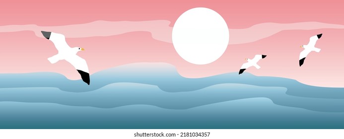 sea waves with seagulls landscape, vector banner, digital illustration