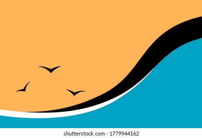 Sea waves and seagulls. Orange sky. Vector illustration banner with place for text.
