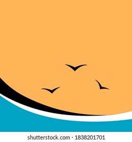 Sea waves and seagulls. Orange sky. Seascape in a flat style. Vector illustration banner with place for text.