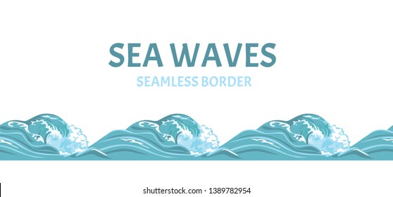 Sea waves seamless pattern, border. Vector illustration of blue ocean water in cartoon flat style.