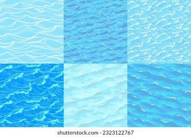 Sea waves seamless pattern collection. Summer background. Hand drawn vector illustration of water.