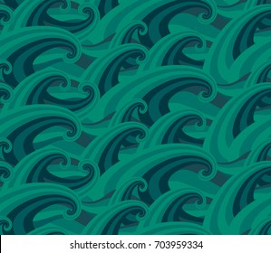 Sea waves seamless pattern, in green colors
