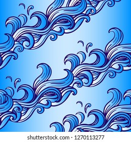 Sea waves seamless pattern. Marine background. Hand drawn doodle style. Vector illustration