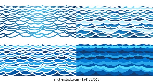Sea waves seamless pattern. Ocean blue background vector illustration. Editable stroke.