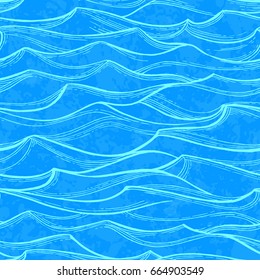 Sea waves seamless pattern. Summer watercolor background. Hand drawn vector illustration of water.