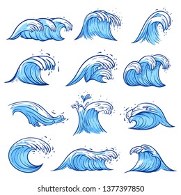 Sea waves set, blue marine and ocean nature. Creative swaying motion, decoration element. Vector ocean waves hand drawn illustration on white background